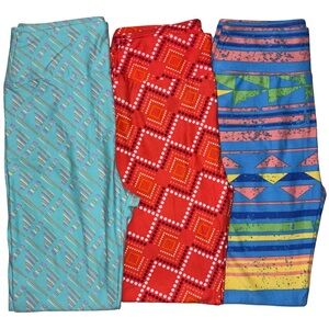 Lot of 3 LuLaRoe Leggings Size OS Geometric Blue Orange Aqua Orange White